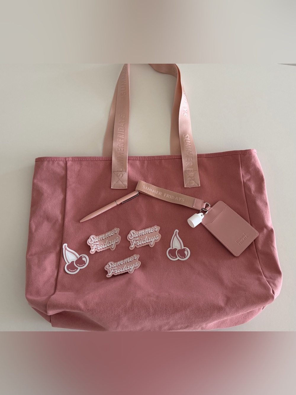 Summer Fridays Dusty Rose Large Tote with Matching Lanyard, Stickers And Pen